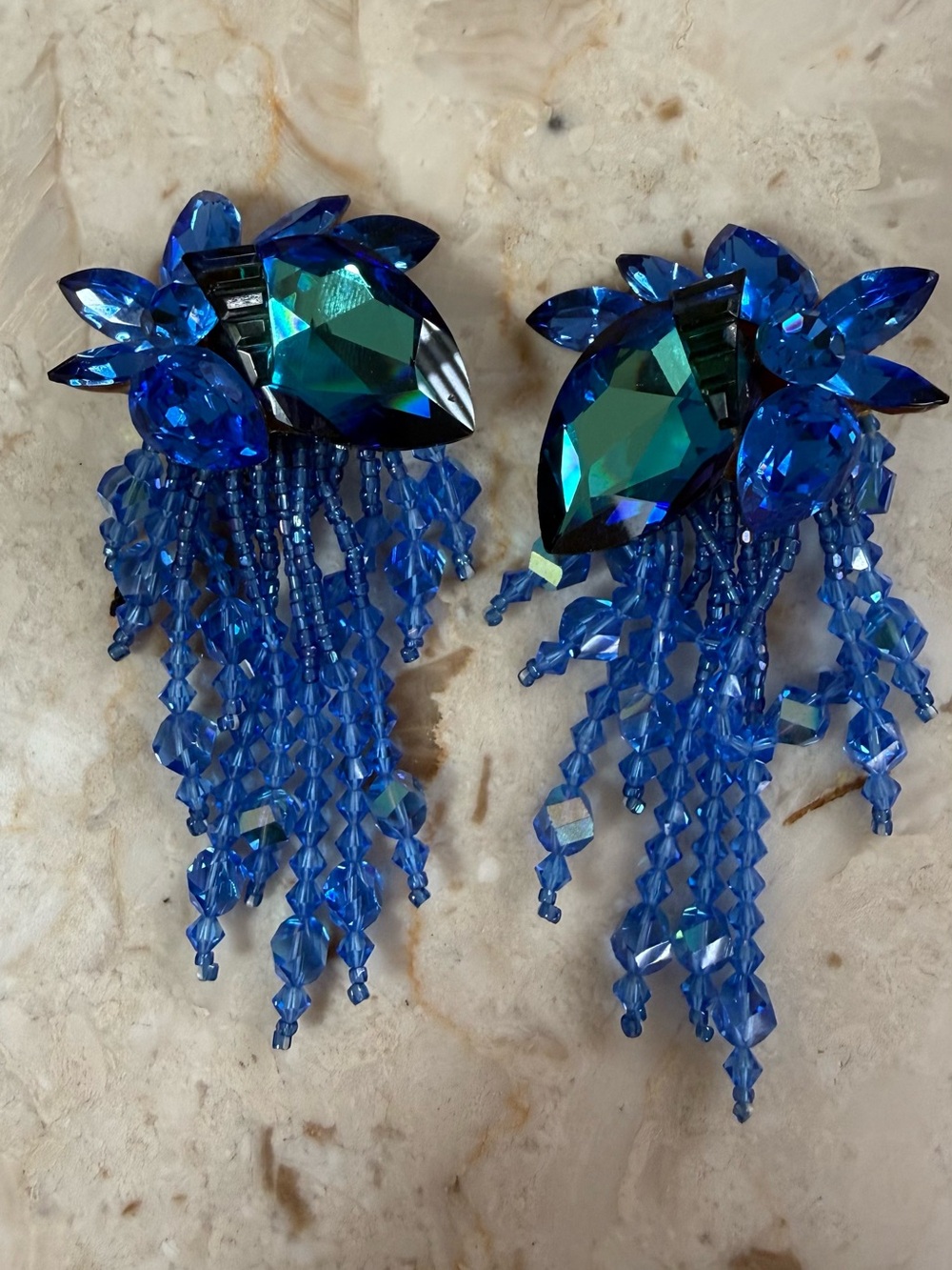Emerald-Blue Crystal Fringe Earrings - Women Jewelry Clip On